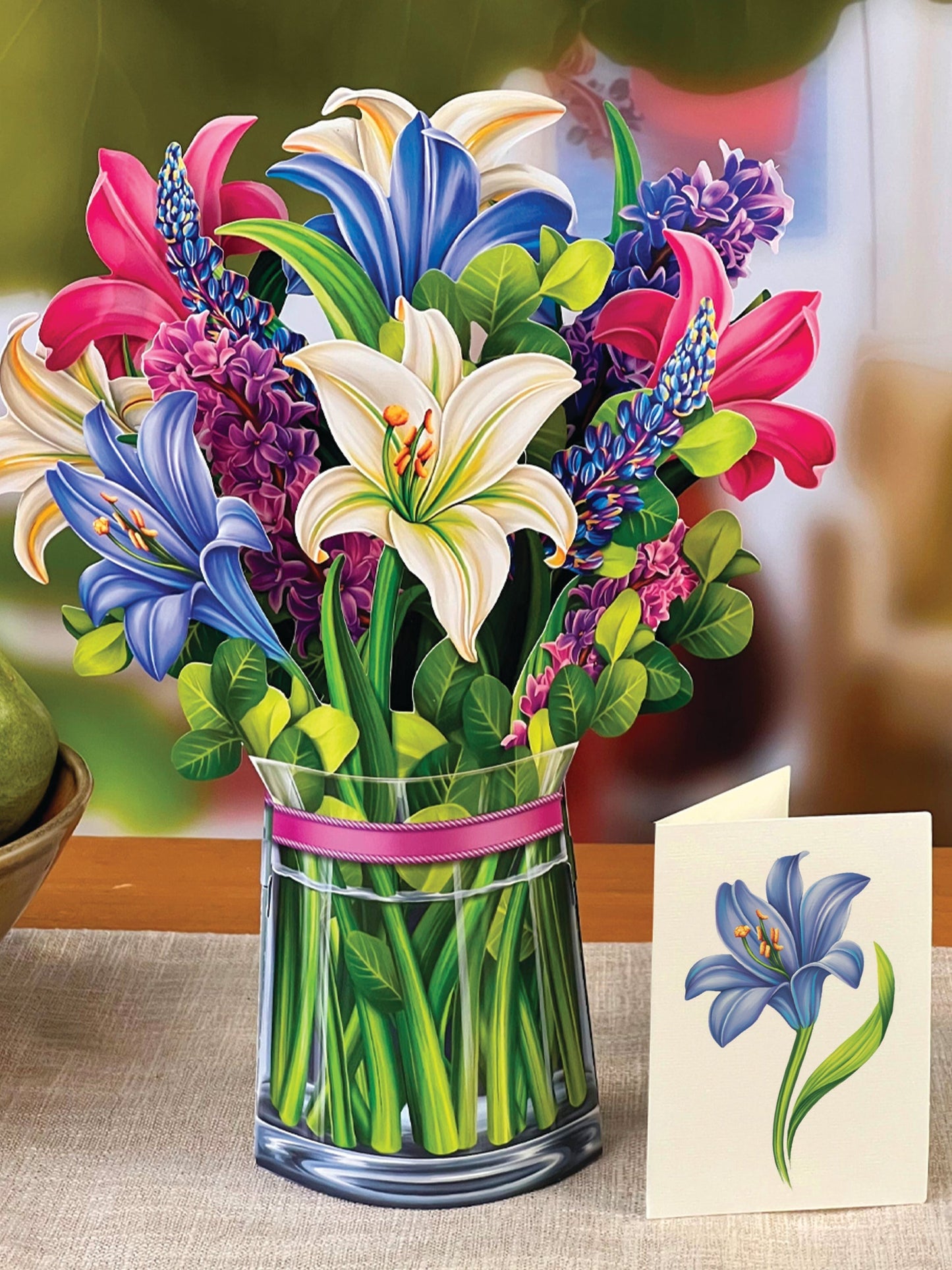 Lilies & Lupines with Clear Vase (Pop-Up Greeting Card by FreshCut Paper LLC)