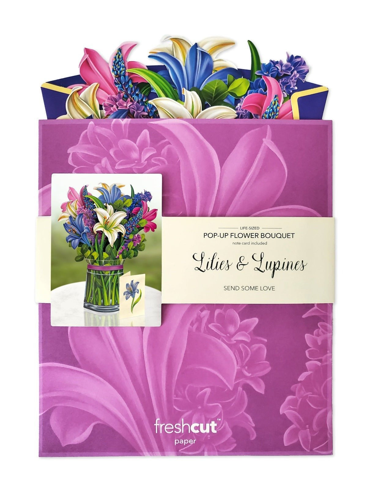 Lilies & Lupines with Clear Vase (Pop-Up Greeting Card by FreshCut Paper LLC)